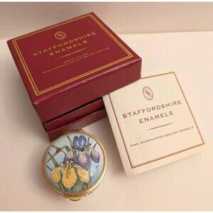 Staffordshire Enamels Hand Painted Purple & Yellow Iris Flowers Trinket Pill Box
